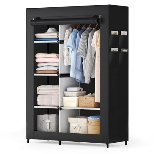 Taoset Portable Closet, Fabric Wardrobe, Clothes Storage Organizer, Wardrobe Closet with Shelves, Bedroom Armoire, Canvas Clothes Rack, Non-woven Fabric Cover, Heavy Duty Garment Rack, Black