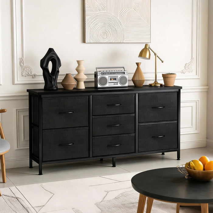 Blorly 7 Drawers Dresser, Storage Dresser Organizer with Drawers, Chest of Drawers, TV Stand Dresser with Metal Frame and Wood Tabletop for Bedroom, Guest Room, Closet, Entryway, Nursery, Black