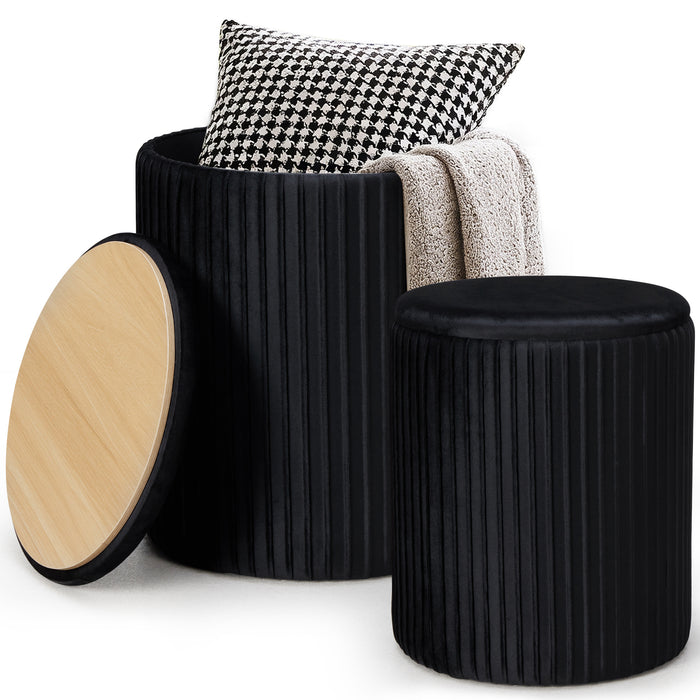 Taoset Storage Ottoman Set of 2, Round Velvet Upholstered Foot Stool with Lift‑Top Hidden Storage, Accent Stool for Living Room Bedroom, Black