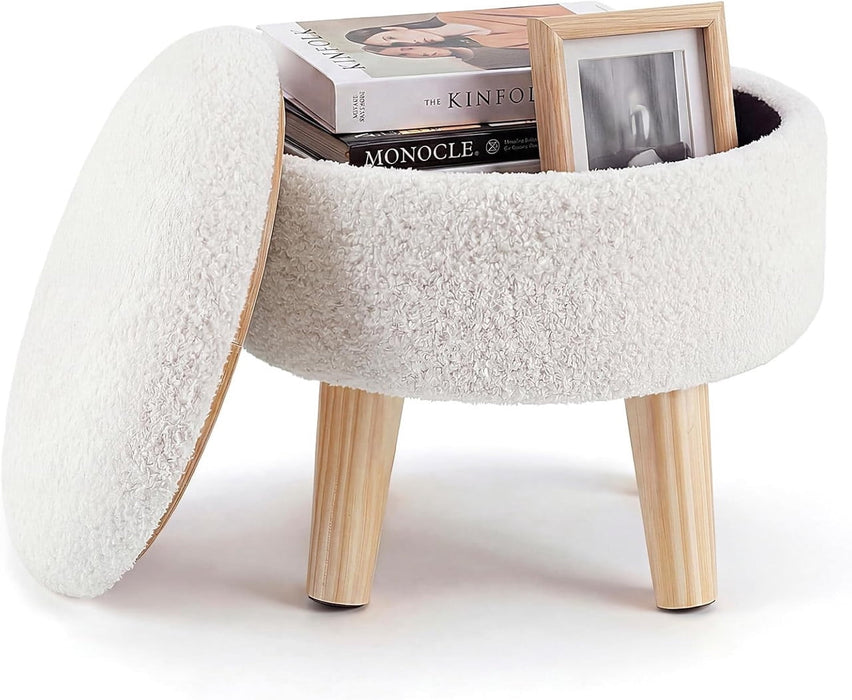Simenmax Round Storage Ottoman, 13" Compact Boucle Foot Rest Stool with Hidden Storage & Padded Seat for Living Room, Bedroom, Beige