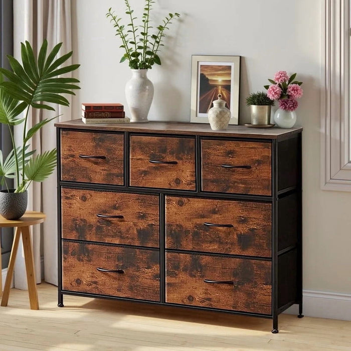 Nextay 7 Drawer Dresser, Fabric Storage Tower Organizer with Wood Top and Steel Frame for Bedroom, Closet, Hallway, Entryway,Brown