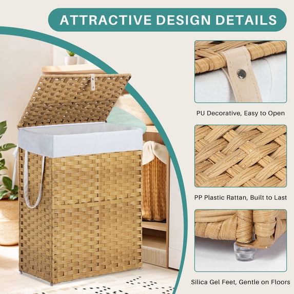 Parcus&nbsp; Foldable Laundry Hamper with Lid and Removable Liner, Wicker Basket for Bedroom &amp; Bathroom