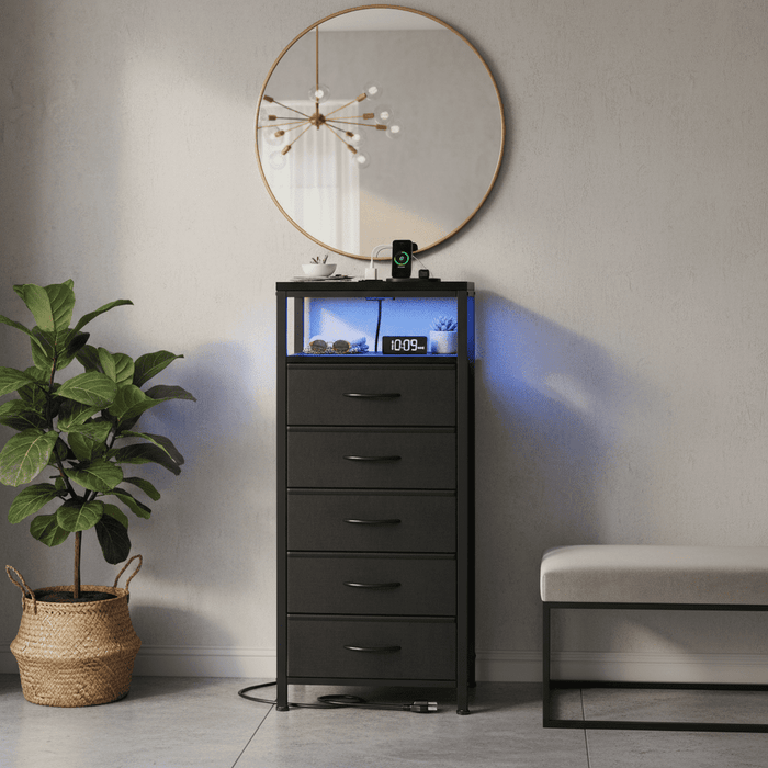 Betcozy Nightstand with Light, Bedside End Table with Charging Station &5 Fabric Drawers, Adjustable Feet and Variable Light Strip, Black