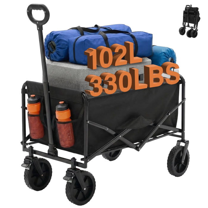 Taoset Heavy Duty Collapsible Folding Wagon, 102L All Terrain Utility Cart with Removable Wheels & Brakes, Adjustable Handle Mesh Pockets Beach Wagon for Camping Grocery Shopping Garden, Black