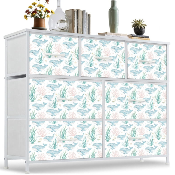 Taoset Coastal Beach House Nursery Dresser - 7 Drawer Fabric Storage Chest with Under the Sea Animal Prints, Nautical Organizer for Kids Room