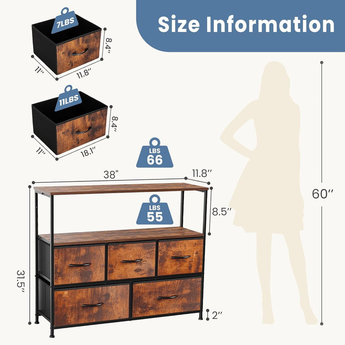 Betcozy 5-Drawer C Storage Dresser, Household Cabinet for Entry Way, Living room, Stable Metal Frame, Wooden Top, Rust