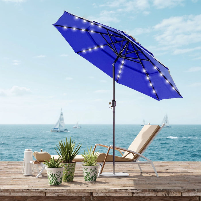 Betcozy 9.2' Outdoor Patio Umbrella with LED Lights, Umbrella with 8 Sturdy Ribs for Outdoor Table, Yard, Market, Push Button Tilt and Crank, Blue