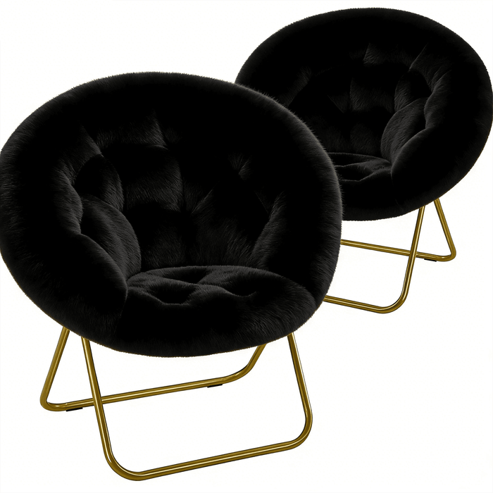 Taoset Accent Chair Sets, Folding Living room Saucer Chair with Faux Fur Padded for Lounge Reading, Metal X-Large, Black, 2 PCS