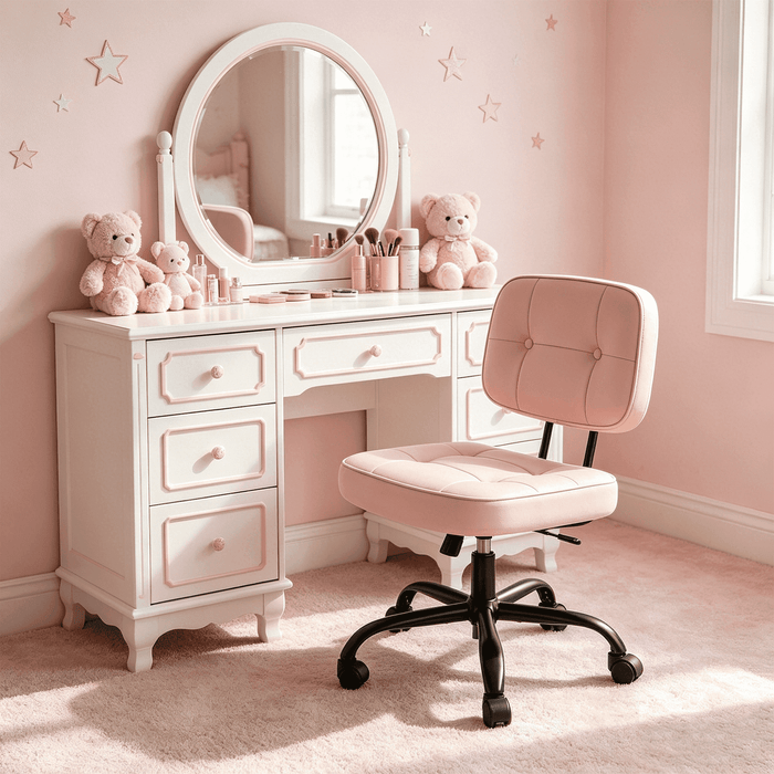 Blorly Armless Vanity Chair for Makeup Room, Small Desk Chair with Tufted PU Leather, Adjustable Height Rolling Computer Chair for Home Office & Dorm, Light Pink