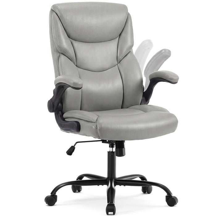 Taoset Executive Office Chair, High Back Leather Desk Chair with Space-Saving Flip Up Armrests, Adjustable Rocking Swivel Computer Task Chair for Home Office, Gray