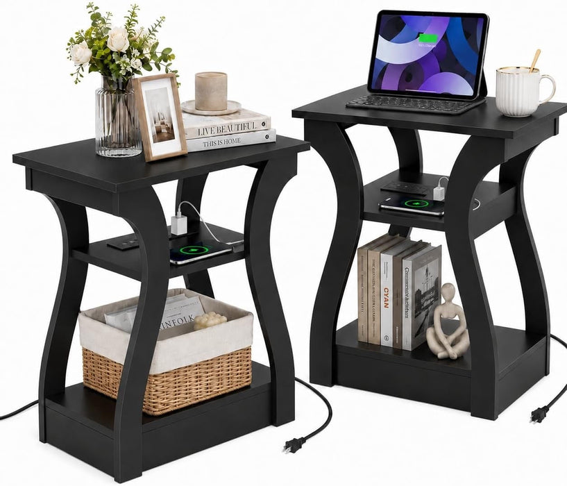Simenmax Set of 2 Nightstand with Charging Station, 3-Tier Black Narrow End Table for Bedroom, Small Space Side Table with Storage Shelf