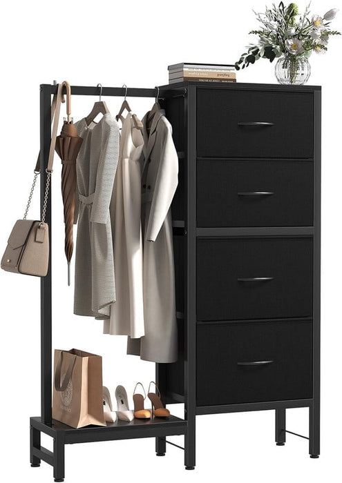 Simenmax 4-in-1 Storage Tower with Clothes Rack, Tall Garment Rack with Shoe Shelf and Bag Hook, Heavy Duty Organizer for Bedroom Entryway Living Room, Black