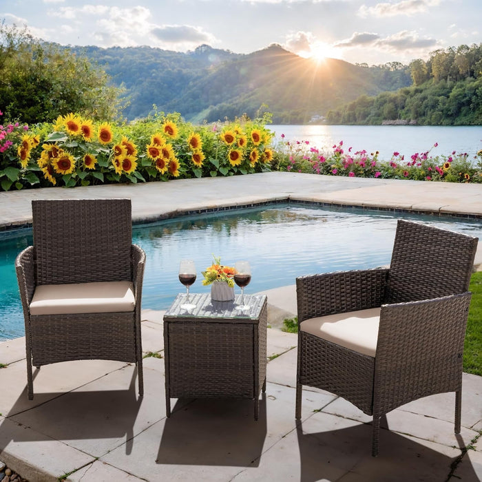 Blorly Patio Furniture Set 3 Pieces All-Weather Rattan Outdoor Furniture Patio Chairs with Tempered Glass Table for Porch Bistro Balcony,Beige