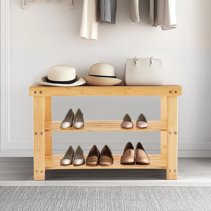 Blorly 27.6" Shoe Rack Bench, 3-Tier Entryway Storage Organizer Shelf, Heavy Load Capacity, Wood
