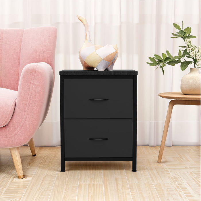 Blorly Nightstand, Set of 2 Bedside Table with 2 Storage Drawers, Wooden Top Fabric Cabinet Kids Mini Dresser for Bedroom, Closet, Entryway, College Dorm, Black