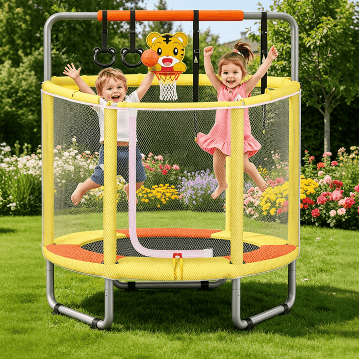 Blorly 55" Toddler Trampoline with Net, 4-in-1 Kids Trampoline with Swing, Gymnastic Bar, Basketball Hoop & Rings, 440lbs Capacity Indoor Outdoor Mini Trampoline, Birthday Gift for Kids Ages 1-8, Yellow