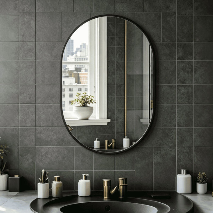 Blorly Modern Oval Wall Mirror, 20"X30" Matte Black Metal Frame Mirror for Bathroom Vanity, Entryway, Living Room, HD Reflection Rust-Resistant Decorative Hanging Mirror, Black