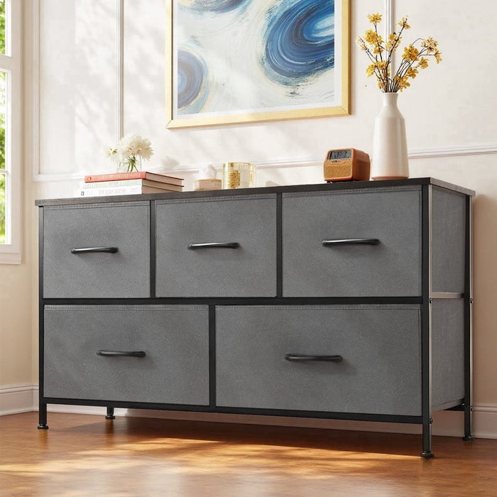 Ethovia 5-Drawer Fabric Storage Dresser, Sturdy Steel Frame with Wooden Tabletop, Wide Foldable Bins, Perfect for Bedroom, Hallway, and Entryway, Gray