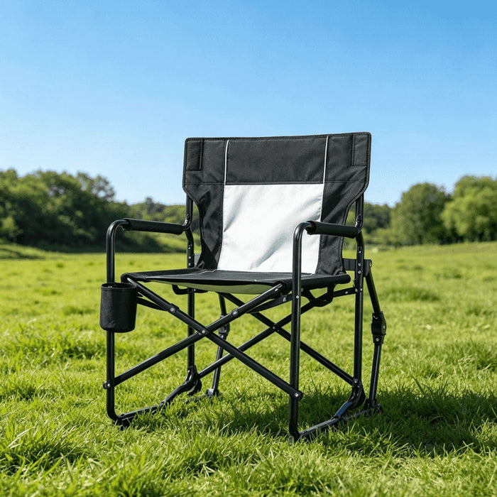 Taoset Folding Camping Rocking Chair, Heavy Duty Outdoor Rocker with Hard Armrest and Breathable Mesh Back, Smooth Motion Lawn Chair with Cup Holder for Patio, Campfire and Tailgating, Black