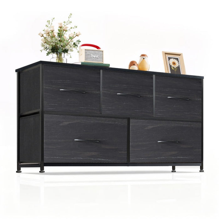 Simenmax 5 Dresser for Bedroom, 5 Storage Drawers, Wide Fabric Closet Chests Organizer Tower Furniture with Wooden Top Metal Frame for Clothes, Room, Living Room, Hallway, Entryway, Black Wood
