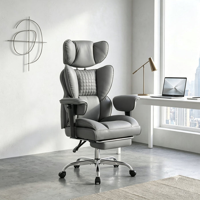 Betcozy High‑Back Executive Office Chair，Retractable Footrest & Adjustable Armrest，Big & Tall Gaming Chair with Thicken Seat，350lbs Weight Capacity，PU Leather，135° Recline, Gray