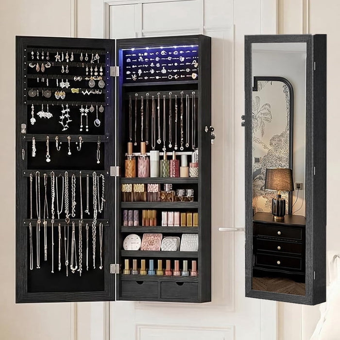 Bigleap 47.2" LED Lockable Jewelry Cabinet, Wall/Door Mount Full-Length Mirror & Large Storage Armoire with Drawers, Black