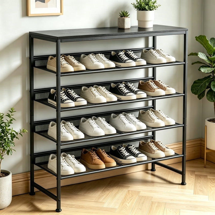 Taoset 29.5" 5-Tier Shoe Rack Organizer with Wooden Top, Adjustable Flat or Angled Mesh Shelves, Entryway Storage Shelf for 12-15 Pairs, Black Oak