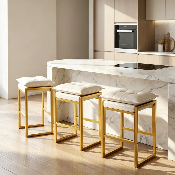 Modern Counter Height Bar Stools Set of 3, Metal Frame with Double Cushion & Footrest, for Kitchen Island & Home Bar, White