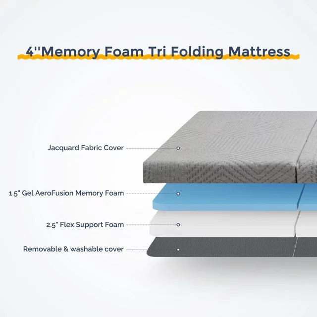Tri-Fold Mattress, 4 inch Twin Tri Folding Memory Mattress with Cover, portable camping mattress