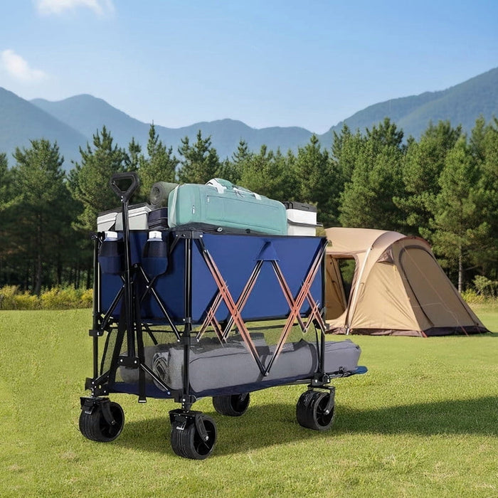 Betcozy Double Decker Folding Wagon, 320L Large 2-Tier Utility Cart with 440lbs Capacity, Collapsible Wagon with Lower Shelf for Fishing & Outdoor Gear, Blue