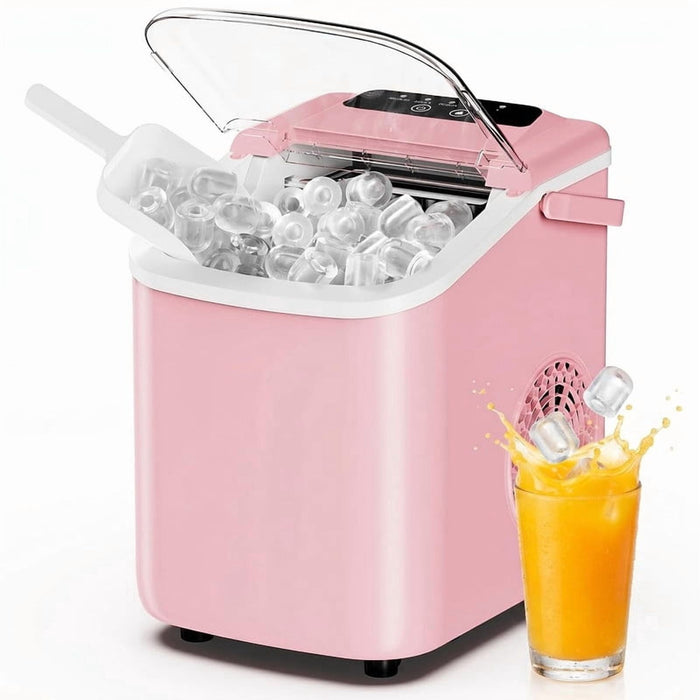Simenmax Ice Maker Countertop – 26lbs Desktop ice maker with Handle for Home, Kitchen, Office, Outdoors, RV, Camping, Pink