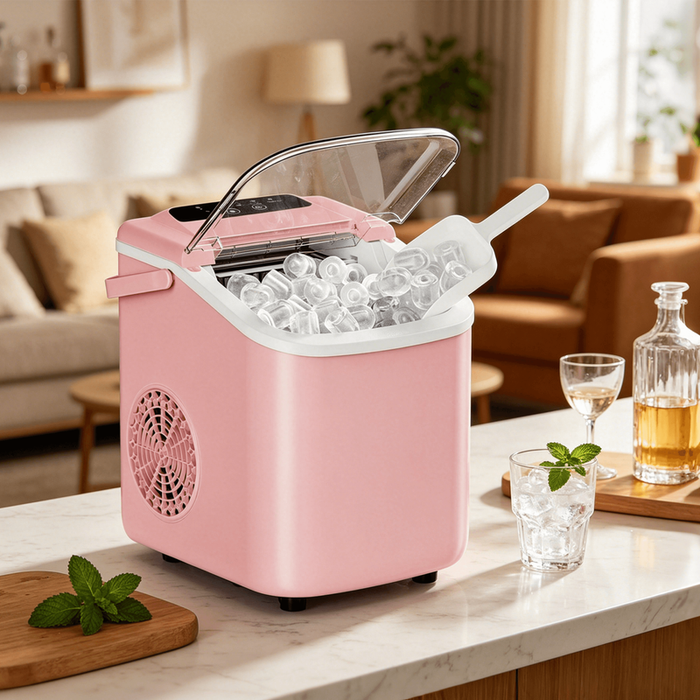 Blorly Portable Countertop Ice Maker with Handle, Self-Cleaning Bullet Ice Maker, 9 Ice Cubes Ready in 6 Minutes, 26lbs/24H, Eco-Friendly with Ice Scoop & Basket for Home, Office, Bar, Party, RV (Pink)