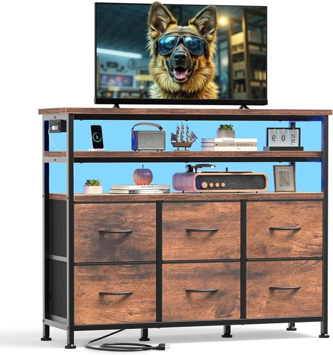 Simenmax TV Stand for Up to 45 Inch TV, Wood Top Media Console with 6 Fabric Drawers, LED Lights & Charging Station,Brown