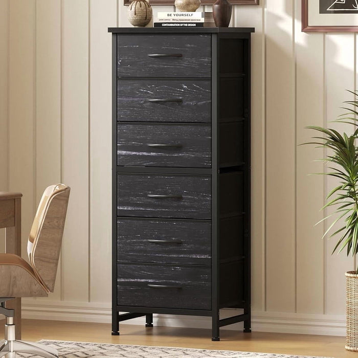 Bigleap 6-Drawer Slim Dresser, Fabric Storage Tower for Bedroom & Entryway, Sturdy Steel Frame & Wood Top for Small Spaces,Black Wood