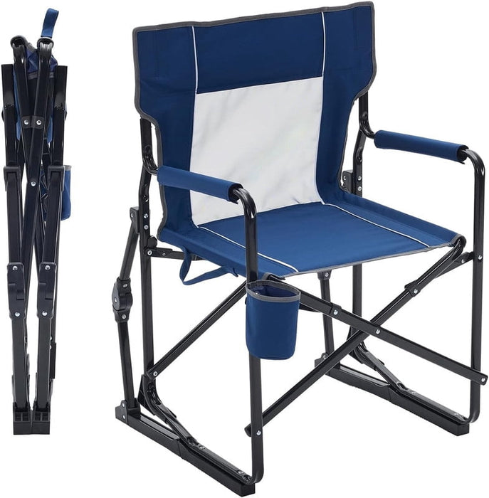 Simenmax Folding Rocking Camping Chair, Metal Frame Outdoor Chair with Waterproof Armrests & Cup Holder for Patio, Beach, Yard, Navy Blue