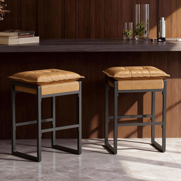 Betcozy 2 PCS Counter Height Bar Stools, Industrial Backless Kitchen Island Stools with Double-Layered Tufted Leather Cushion, Modern Square Metal Frame Dining Chairs with Footrest, Caramel Brown