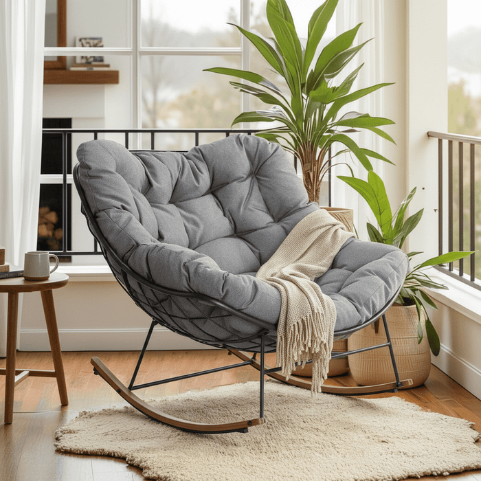 Betcozy Outdoor Rocking Chair, Patio Egg Rocking Chair, Indoor Papasan Chair, Rattan Wicker Lounge Chair, Modern Royal Chair for Bedroom, Living Room, Porch, Garden, Lawn-Grey