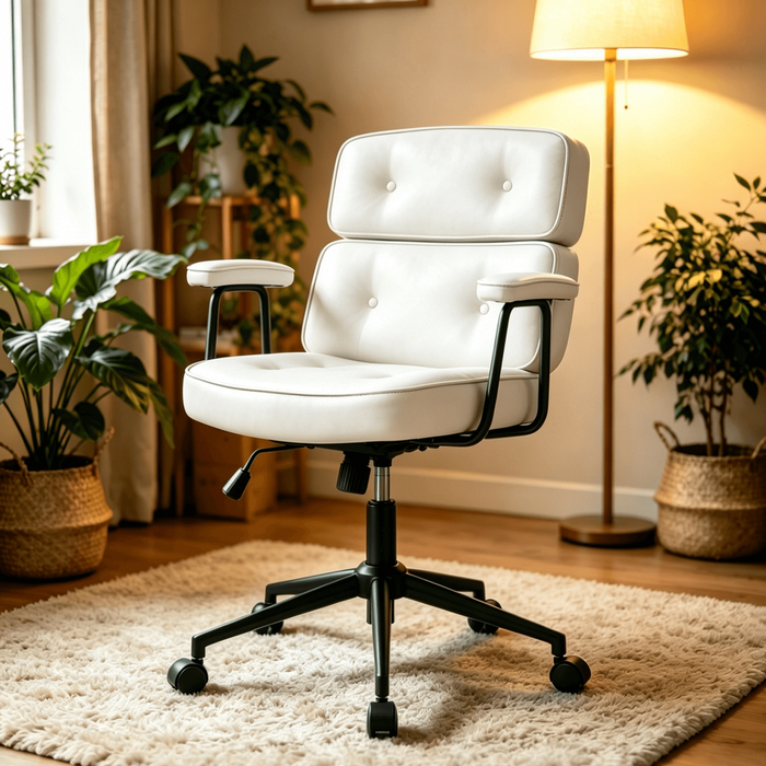 Betcozy Mid-Century Modern Desk Chair, Comfortable Tufted Leather Computer Chair with Padded Arms, Cozy Swivel Lounge Task Chair for Writing, Studying, Reading & Creative Studio,White