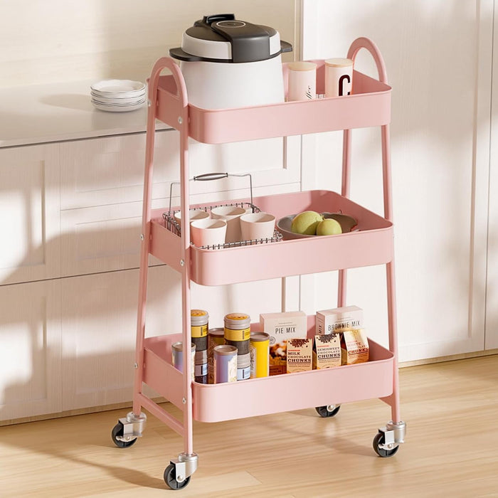 Bigleap Rolling Utility Cart, 3-Tier Metal Storage Trolley with Handle and Lockable Wheels, Multifunctional Organizer for Office, Kitchen, Living Room, Bathroom,Pink