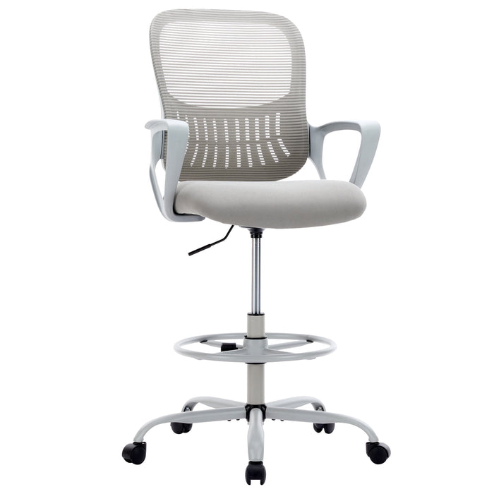 Betcozy Tall Office Desk Chair, Ergonomic Mid-Back Mesh Chair with Adjustable Foot Ring, Wheels, Comfy Lumbar Support with Fixed Arms for Home office, Gaming, Study, Gray