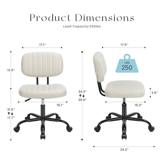 Desk Chair, Armless Activity Chair with Wheels, Comfy Low Back Swivel Task Chair, Beige
