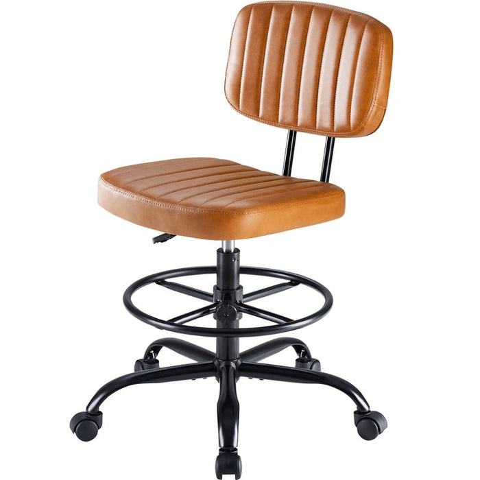 Nextay Tall Drafting Chair â€?Ergonomic Low Back Office Chair with Footrest Ring, PU Leather Standing Desk Stool, 360° Swivel Rolling Chair for Studio, Lab, Counter, Small Spaces, Brown