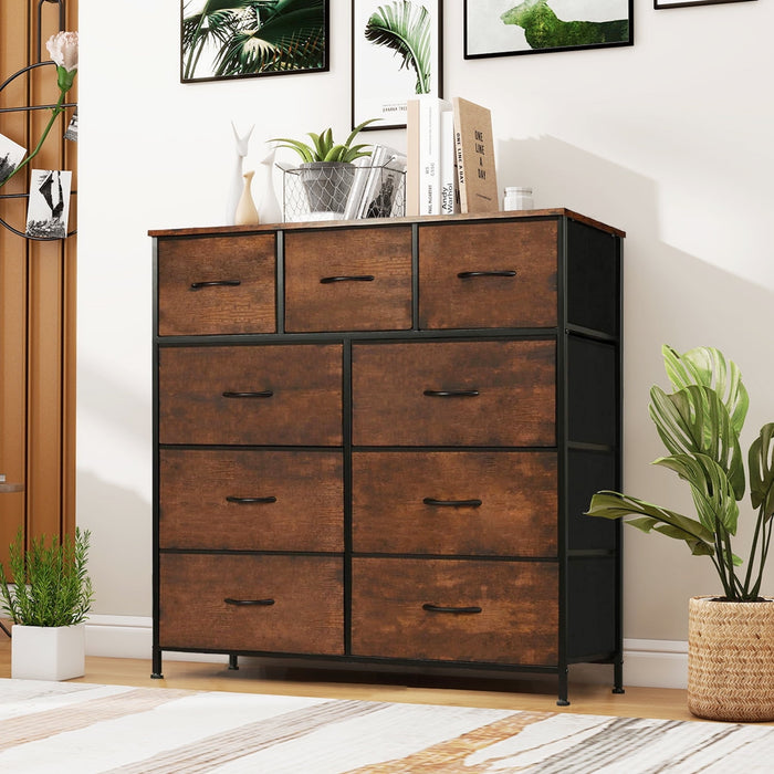 TINKLE WELL 9 Drawer Dresser, Wide Chest Of Drawers Nightstand Storage Tower Storage Dresser Fabric Dresser With Wood Top, Metal Frame, Black