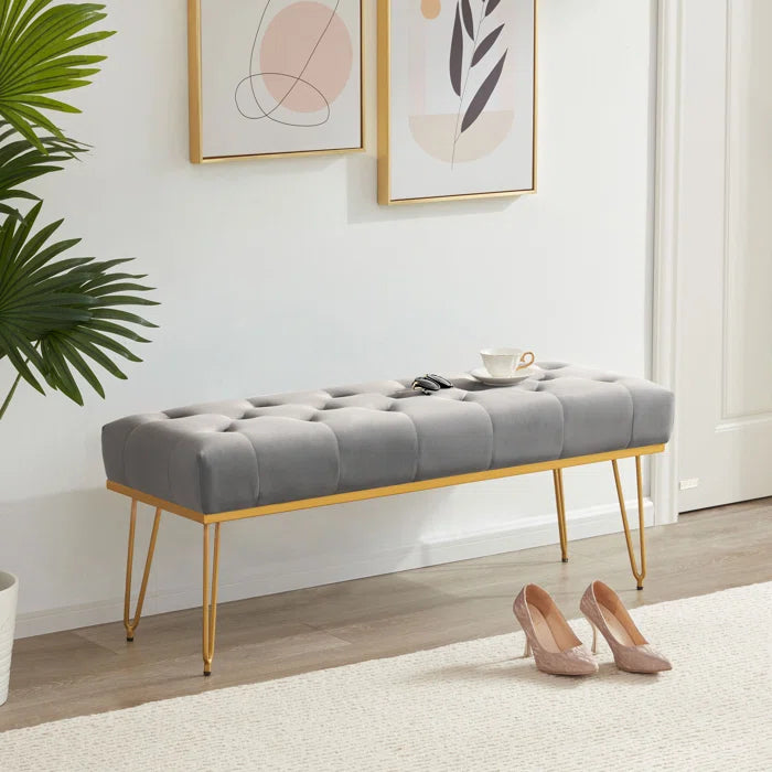 45" Bench for Bedroom, Velvet Upholstered Bench Modern Ottoman End of Bed with Metal Legs(Gray)