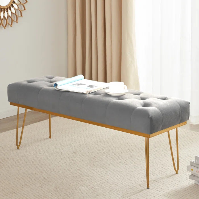 45" Bench for Bedroom, Velvet Upholstered Bench Modern Ottoman End of Bed with Metal Legs(Gray)