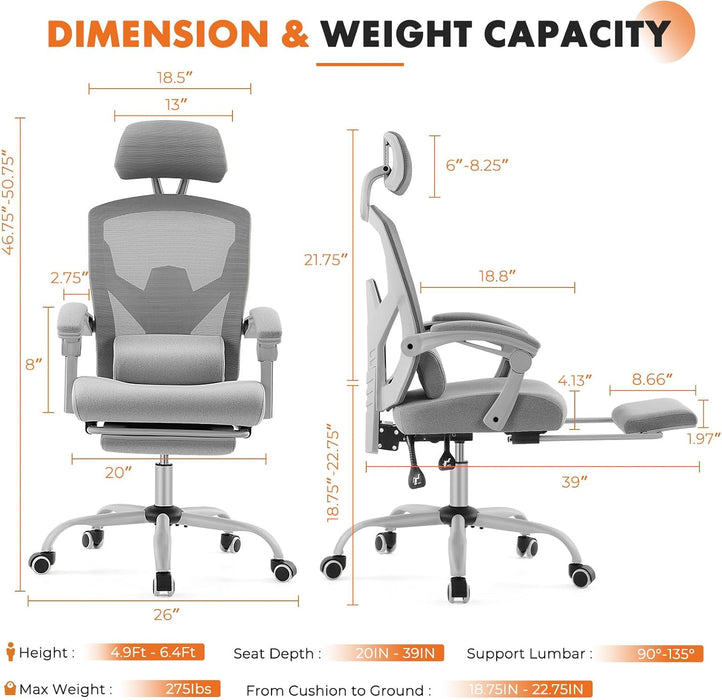 Beddle Desk Chair with Lumbar Support, High-Back Ergonomic Mesh Swivel Rolling Desk Chair for Home Office or Study