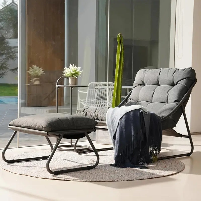 Lounge Chair, Outdoor/ Indoor Lounger, Weatherproof Relaxing Deck Chair with FootStool, Soft Cushion, for Garden, Patio, Load Capacity 350lbs, Beige