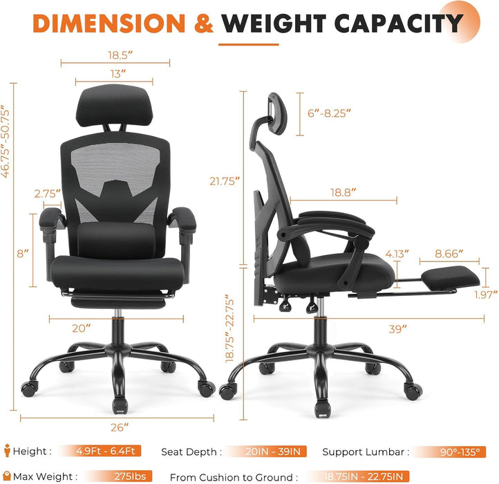 Beddle Desk Chair with Lumbar Support, High-Back Ergonomic Mesh Swivel Rolling Desk Chair for Home Office or Study