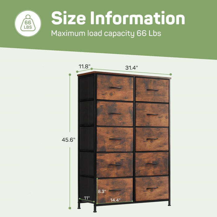 Simenmax 10 Drawer Dresser Organizer Storage Drawers, Chest of Drawers with Fabric Bin for Bedroom, Closet, Entryway,Brown
