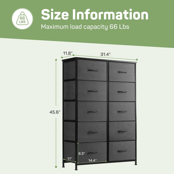 Bigleap 10 Drawer Dresser Organizer Storage Drawers, Chest of Drawers with Fabric Bin for Bedroom, Closet, Entryway,Gray